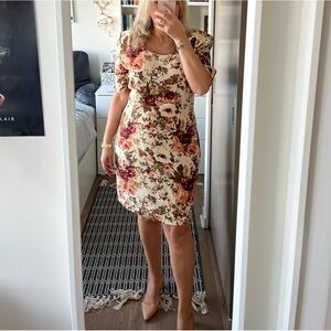 70s Vintage Bijaun Sheer Chiffon Green Beige Burgundy Peach Floral Dress Sz L